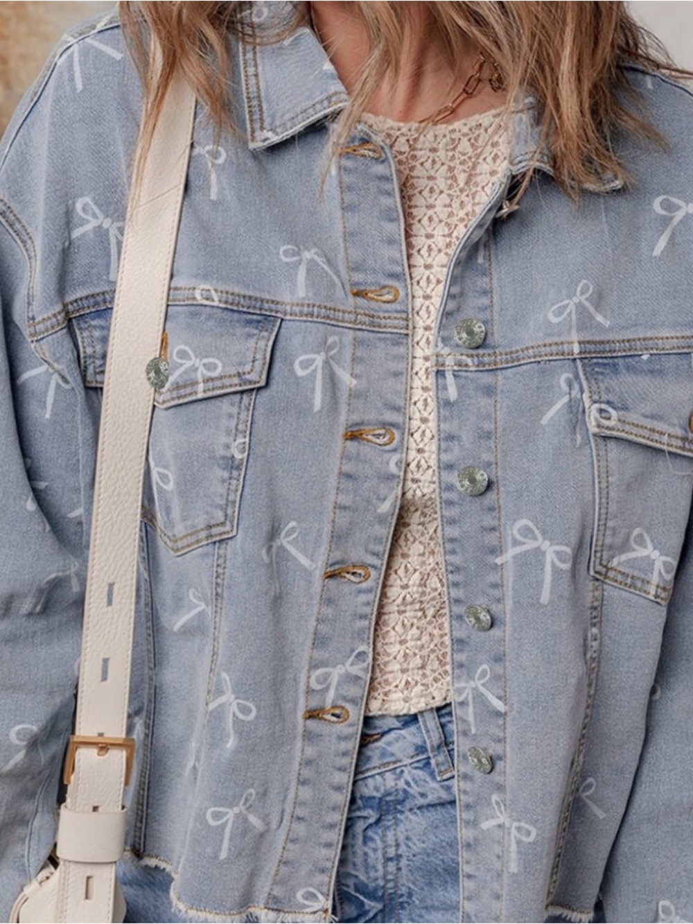 NWOT Bow Knot Print Raw Hem Denim Jacket
